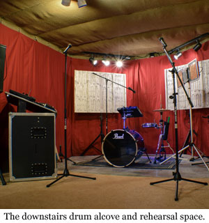 The downstairs drum alcove and rehearsal space.